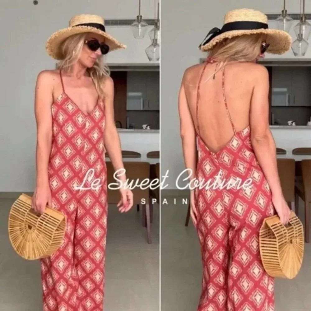 Zara Terracotta Printed Jami Wide Leg Boho Jumpsuit NWT Size XL Blogger Fav - Picture 3 of 12